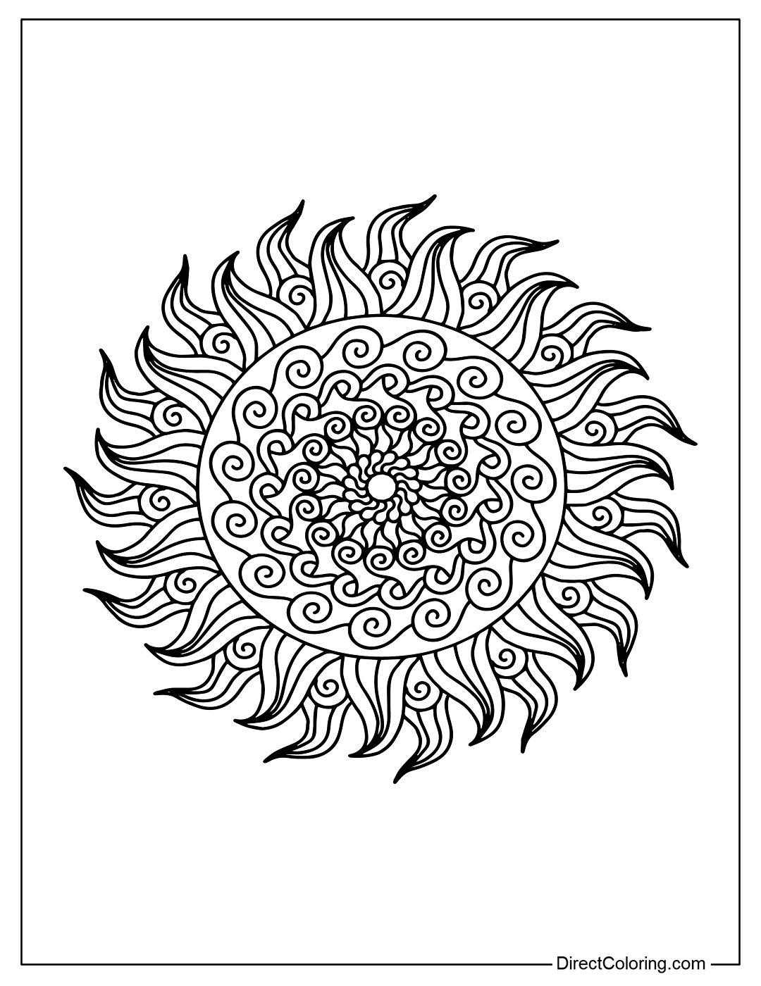 Mandala Sun coloring page with intricate patterns, many small details relax.